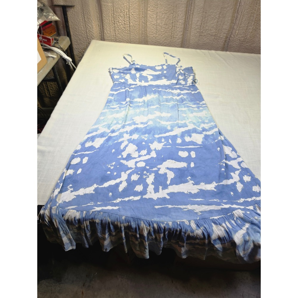 Knox Rose Blue White Abstract Print Ruffle Hem Midi Dress Large